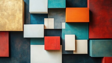 Poster - A creative arrangement of abstract boxes, each with different colors and textures, symbolizing innovation, creativity, and modern design