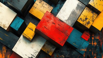 Poster - A creative arrangement of abstract boxes, each with different colors and textures, symbolizing innovation, creativity, and modern design