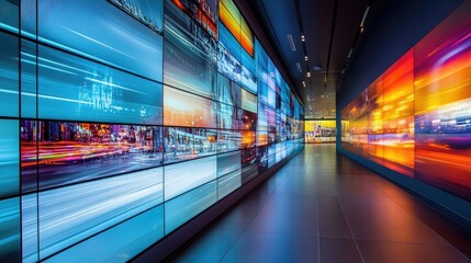 Aufkleber - A cutting-edge multimedia wall filled with large video panels showcasing vivid content, ideal for technology or entertainment-focused imagery