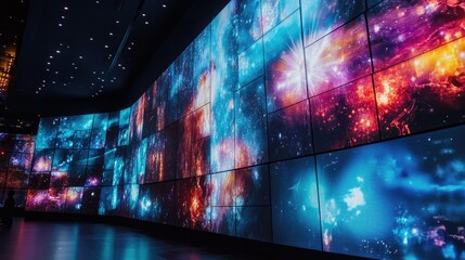 Aufkleber - A cutting-edge multimedia wall filled with large video panels showcasing vivid content, ideal for technology or entertainment-focused imagery