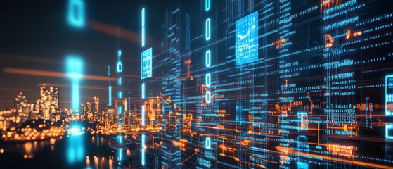 Fototapete - Futuristic city skyline with digital data visualization overlay
