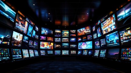 Poster - A digital wall of multimedia screens displaying a variety of images and videos, perfect for modern tech or entertainment-themed backgrounds