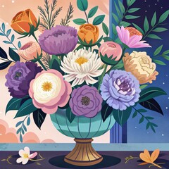 Wall Mural - Vibrant Floral Arrangement in Teal Vase Artistic Still Life Colorful Flowers Modern Illustration