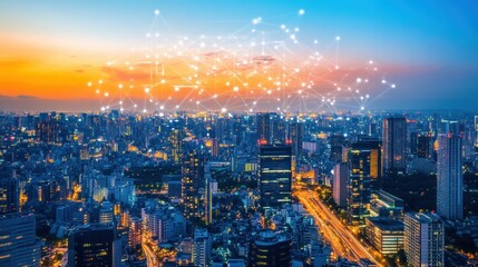Poster - City skyline at sunset with digital connections overlay