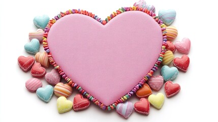 Poster - A festive arrangement of candy hearts with a large, empty pink heart in the center, ideal for Valentine Day greetings and romantic messages