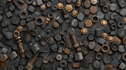 Poster - A flat lay of nuts and bolts arranged to form an industrial or engineering-themed texture, ideal for tools, machinery, or mechanical design backgrounds