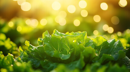 A serene and thriving lettuce field with soft-focus bokeh and natural freshness