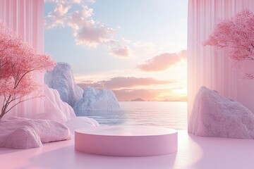 Poster - Interior of a pink room featuring a tree and a pink couch with bright natural light