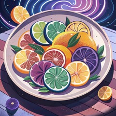 Wall Mural - Vibrant Citrus Fruit Slices on Plate Summer Still Life Colorful Graphic Design Illustration