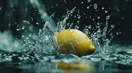 Poster - A fresh lemon falling into water, creating a splash, with droplets and splashes captured in motion, evoking freshness and vitality