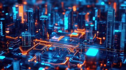 Poster - A futuristic city with robotic systems and smart technology elements, showcasing the advanced design of urban planning in a high-tech environment