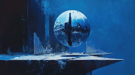 Poster - A futuristic scene featuring a blue geometric sphere, sliced into layers, with each piece floating in mid-air against a dark blue backdrop