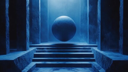 Poster - A futuristic scene featuring a blue geometric sphere, sliced into layers, with each piece floating in mid-air against a dark blue backdrop