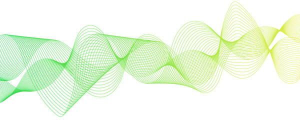 Poster - Abstract Transparent wave background, green waved lines. Frequency sound wave lines and twisted curve lines. Green wave flow design element. Technology, data frequency gradient lines