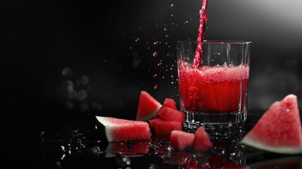 Poster - A glass being filled with watermelon juice, with fresh watermelon pieces nearby, all on a sleek black background. Perfect for summer and healthy drink concepts