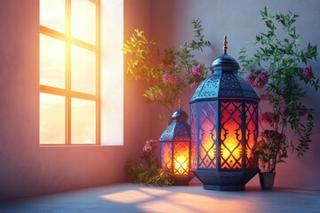 Poster - Blue lantern with a lit candle inside set against a dark background for decorative lighting ambiance