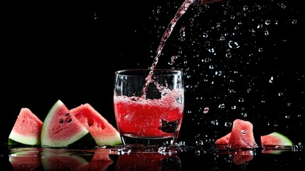 Poster - A glass being filled with watermelon juice, with fresh watermelon pieces nearby, all on a sleek black background. Perfect for summer and healthy drink concepts