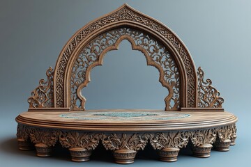 Poster - Wooden table with a carved top and circular base in a bright indoor setting