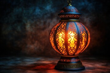 Poster - Glowing lamp with intricate pattern casting soft light in a cozy indoor setting at night