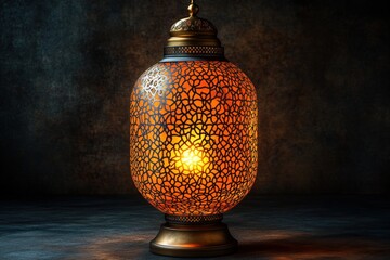 Poster - Modern lamp with intricate geometric pattern illuminating a cozy indoor space at night