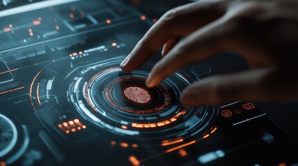 Poster - A hand pushing a fingerprint scan button, highlighting the concept of biometric security and digital identity verification in an ultra-modern tech setting