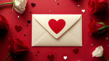 Wall Mural - Romantic elegance with an off-white envelope and heart-shaped seal in a festive setting