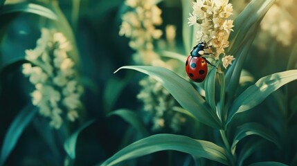 Poster - A ladybug on a flower, surrounded by natural greenery, showcasing the small wonders of nature and the calm beauty of a garden setting