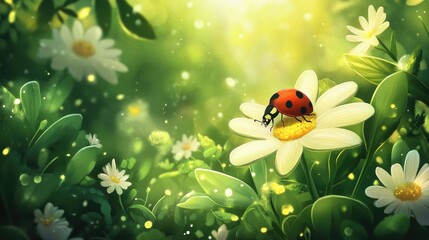 Poster - A ladybug on a flower, surrounded by natural greenery, showcasing the small wonders of nature and the calm beauty of a garden setting