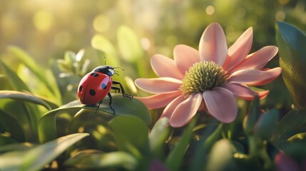 Poster - A ladybug on a flower, surrounded by natural greenery, showcasing the small wonders of nature and the calm beauty of a garden setting