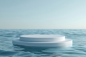 Poster - white floating platform in the middle of the ocean surrounded by calm water and clear blue sky