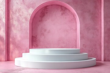 Poster - White pedestal positioned against a pink wall creating a simple and modern display background