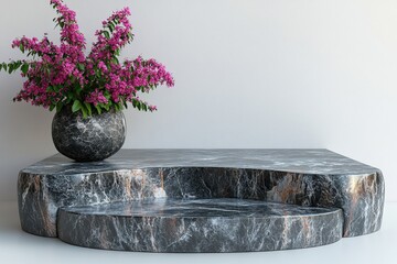 Poster - Vase of colorful flowers placed on a polished marble table in a bright indoor setting