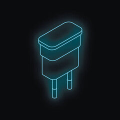 Poster - Isometric view of a glowing neon blue charger plug on a black background, representing mobile charging technology