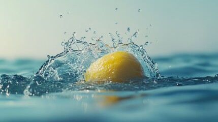 Poster - A lemon dropping into water, splashing as it hits the surface, creating a refreshing, energetic scene full of dynamic motion