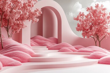 Poster - Pink room interior with pink walls and decorative trees in a modern design setting