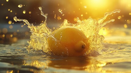 Poster - A lemon hitting the water, splashing in all directions, creating a refreshing visual with vibrant yellow tones and dynamic water effects