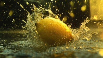 Poster - A lemon hitting the water, splashing in all directions, creating a refreshing visual with vibrant yellow tones and dynamic water effects