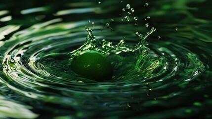 Poster - A lime dropping into water, causing a splash and ripples, frozen in time with vibrant green tones contrasting against the water's surface