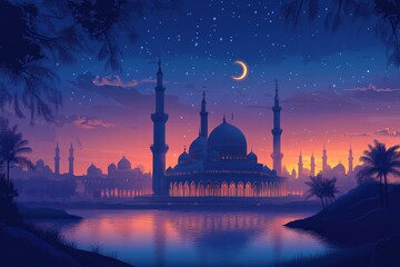 Poster - Sunset view of a mosque silhouette against a colorful sky with clouds and vibrant hues at dusk