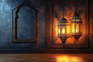 Poster - Wall with a picture frame and a lamp in a contemporary interior setting