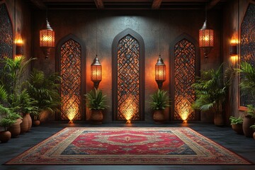 Poster - Interior room featuring a decorative rug floor lamp and minimalist furniture arrangement