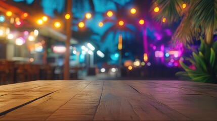 Poster - A lively Miami bar setting with rainbow bokeh lights in the background, featuring an empty wooden table ideal for product display or promotional content