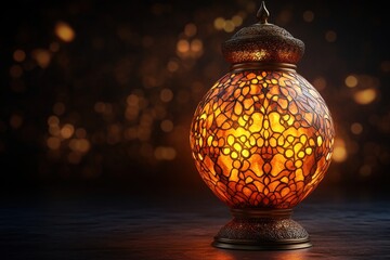 Poster - Decorative lamp on a table with blurred lights creating a soft ambiance in a cozy setting