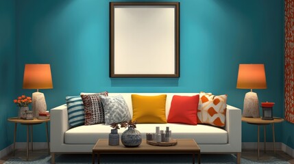 Poster - A modern living space featuring a blue wall with a blank poster frame, cozy sofa, stylish lamps, and end tables, perfect for home decor inspiration