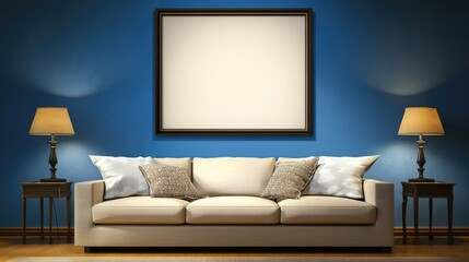 Poster - A modern living space featuring a blue wall with a blank poster frame, cozy sofa, stylish lamps, and end tables, perfect for home decor inspiration