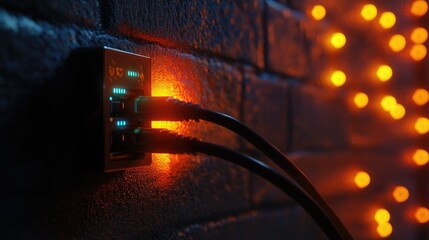 Poster - A network cable plugged into a firewall, showing blinking LEDs that represent secure, encrypted data transmission technology for internet security