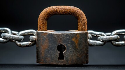 Poster - A padlock and rusted chain on a dark black background, evoking themes of protection, security systems, and the strength of physical barriers