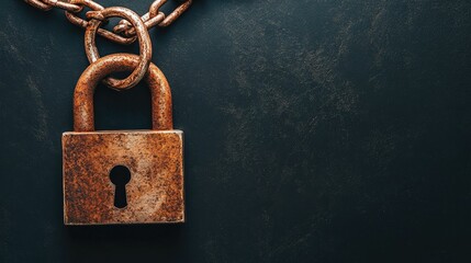 Poster - A padlock and rusted chain on a dark black background, evoking themes of protection, security systems, and the strength of physical barriers