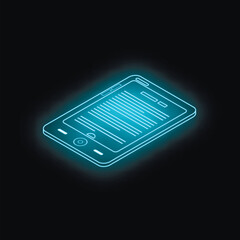 Poster - Neon blue glowing tablet displaying text on screen with isometric perspective on dark background