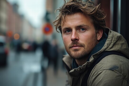A casual portrait of a man with messy hair, wearing a jacket, and standing against an urban backdrop, exuding a laid-back vibe.